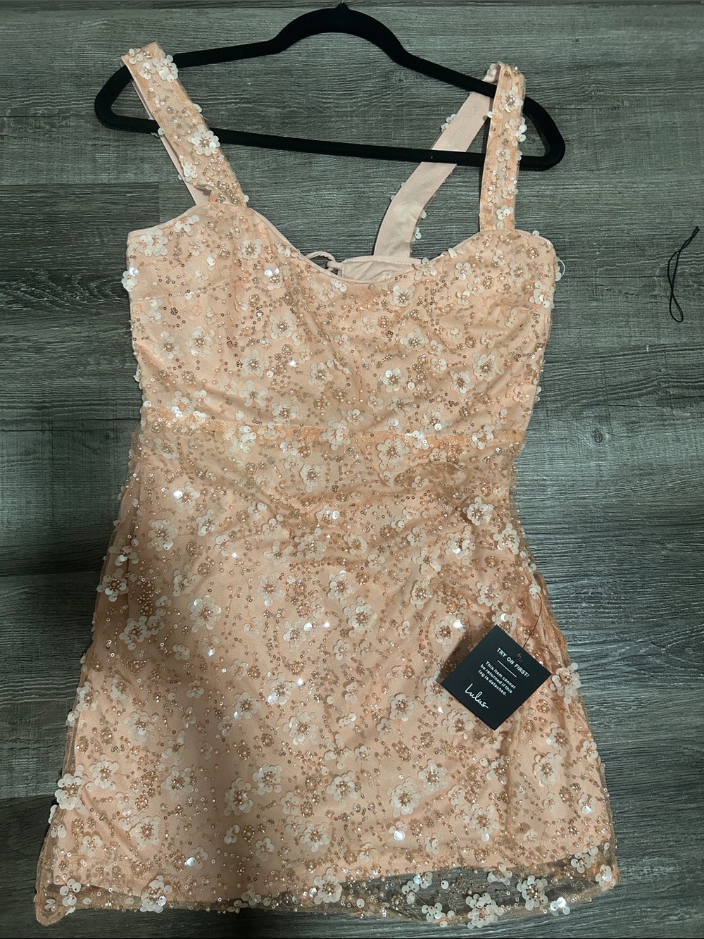 Lulus Dazzling Forever Peach Pink Sequin Beaded Bodycon Mini Dress - Size L - Picture 2 of 3